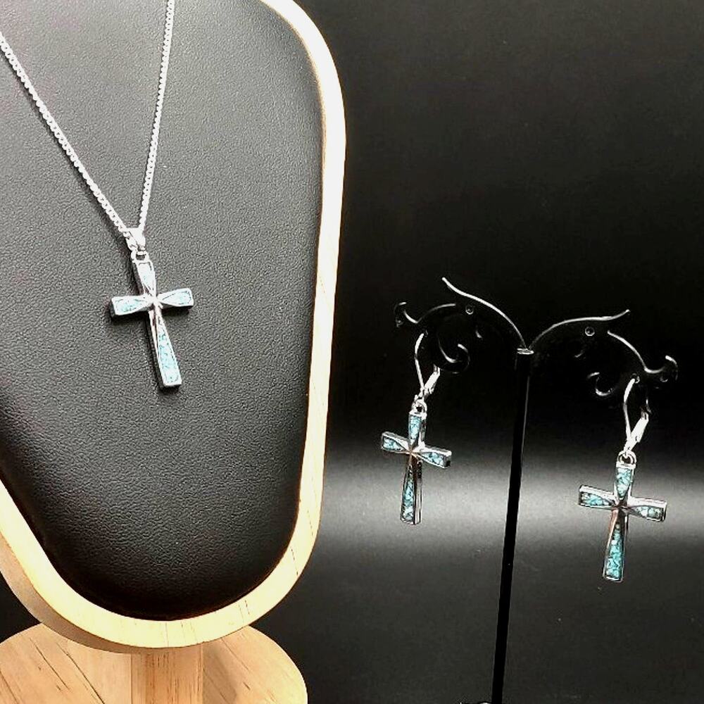 Turquoise Cross Necklace & Earrings Bundle 925 Silver Chain Birthday Anniversary